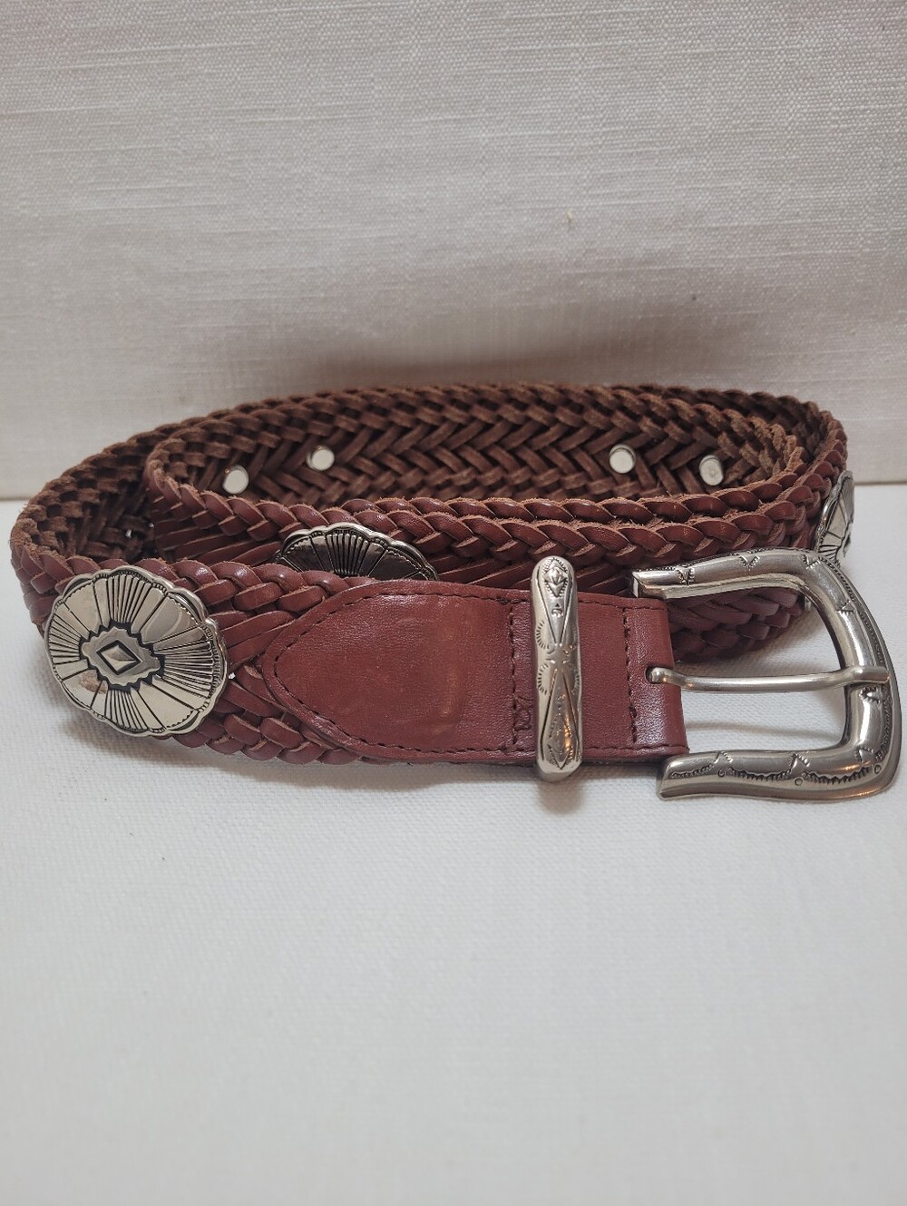 Brown Braided Leather Men’s Belt with Silver Conchos 42